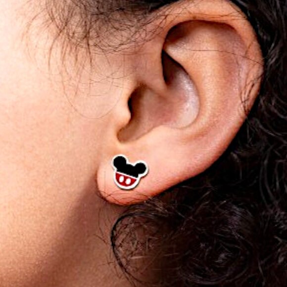 Disney Mickey Mouse Head Shaped Red & Black Shorts Silver Toned Stud Earrings - Picture 4 of 4